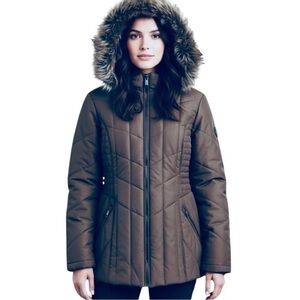Women’s d.e.t.a.i.l.s Quilted Jacket with Zip-Off Faux Fur Hood – Brown Large